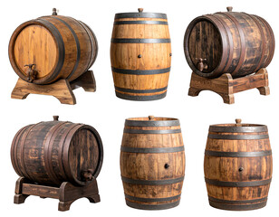 Fototapeta premium Collection of wooden barrels, varying in color and style, with metal hoops and spouts against white backdrop