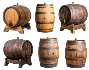 Collection of wooden barrels, varying in color and style, with metal hoops and spouts against white backdrop