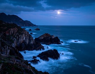 Coastal scene at dusk, moonlit sky, rugged cliffs, ocean waves