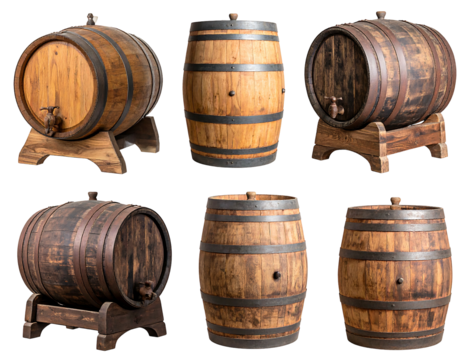 Collection of wooden barrels, varying in color and style, with metal hoops and spouts against white backdrop