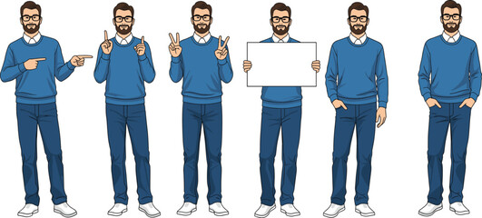 Cartoon man in blue sweater showing hand gestures and holding sign, expressive poses, casual outfit, vector character illustration set