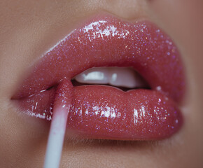 Obraz premium Applying lip gloss on lips with precision, showcasing close up view of glossy, shimmering lips. vibrant color and shine create alluring effect