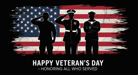 Veterans Day image with silhouettes of soldiers saluting in front of the American flag.