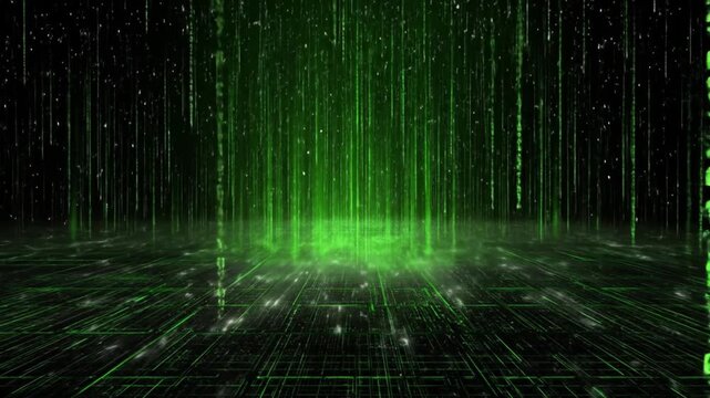 Abstract digital scene animated green data flowing against black background