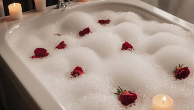 Romantic Bubble Bath with Rose Petals and Candles for Relaxation. - Powered by Adobe