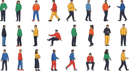 Diverse cartoon people in casual poses and outfits, vector grid showing everyday gestures, fashion, interaction, lifestyle, and human behavior