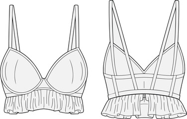Front and back technical drawing of women's bralette with molded cups, ruffled hem, adjustable straps, and hook closure vector design