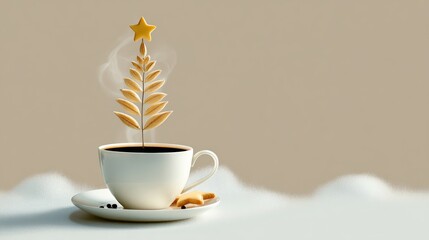 Coffee cup with steaming beverage topped by a decorative cookie shaped like a tree and star, placed on a saucer, creating a cozy and festive atmosphere for winter celebrations