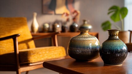 Mid-century modern living room showcasing Korean ceramics on Danish teak furniture, warm ambiance