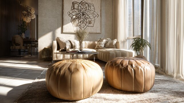 French modern apartment accented with Moroccan poufs and desert tones, sunlight reflections
