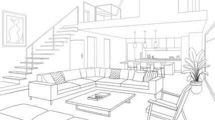 Modern Open-Concept Living Space Line Drawing – Living Room, Kitchen, Dining Area, Interior Architecture, Furniture Layout Vector Illustration