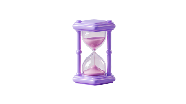  Purple Hourglass with Sand Flowing on White Background