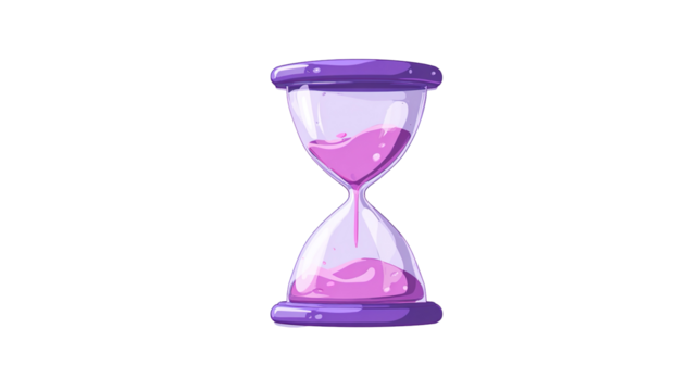 Purple Hourglass with Sand Flowing on White Background