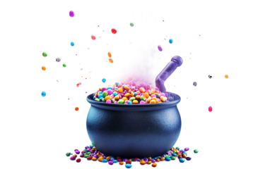 Witch cauldron bubbling with candy instead of potion creating a playful Halloween treat display isolated on transparent background PNG