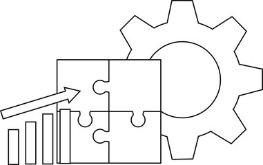 Obraz premium A cogwheel jigsaw puzzle pieces a rising bar graph and an arrow