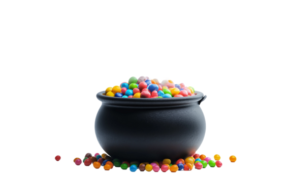 Creative candy filled witch cauldron representing trick or treat fun and holiday imagination isolated on transparent background PNG