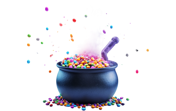 Witch cauldron bubbling with candy instead of potion creating a playful Halloween treat display isolated on transparent background PNG