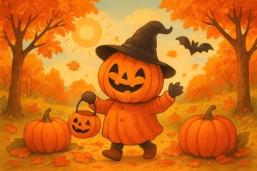 Halloween cartoon pumpkin on an autumn background.