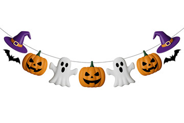 Naklejka premium Festive Halloween garland with pumpkins, ghosts, and witch hats, celebrating spooky season fun.