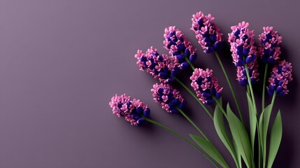 Obraz premium Vibrant bouquet of purple flowers arranged elegantly on a soft purple background, showcasing intricate petal details and lush green leaves, perfect for decorative or artistic purposes
