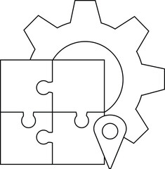 A white outline illustration of a gear puzzle  map pin all interconnected