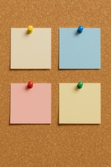 Colorful sticky notes attached to a corkboard for writing information.