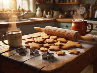 Homemade gingerbread cookies being prepared in a warm kitchen with sunlight, flour, and rolling pin, symbolizing cozy winter baking traditions. Generative AI.