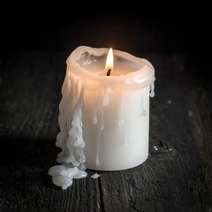 Close-up of a lit white candle with melting wax on dark wood