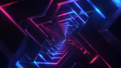 Futuristic neon corridor with glowing lines of blue and pink lights forming an endless geometric tunnel effect. Generative AI.