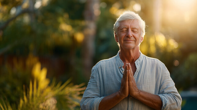 A serene senior man practicing mindfulness outdoors, surrounded by nature and soft light, representing mental wellness, gratitude, and healthy aging &mdash; ideal for health, psychology, and lifestyle conte