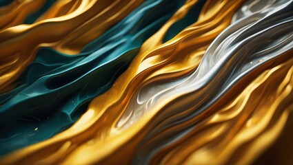 Golden abstract metallic folds blending with white reflections, creating smooth luxurious texture with elegant movement. Generative AI.