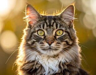 Close-up of a long-haired tabby cat with intense yellow eyes