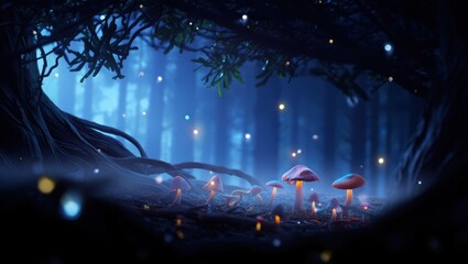 Enchanted forest with glowing mushrooms and soft blue mist, creating a peaceful dreamlike fantasy night scene. Generative AI.