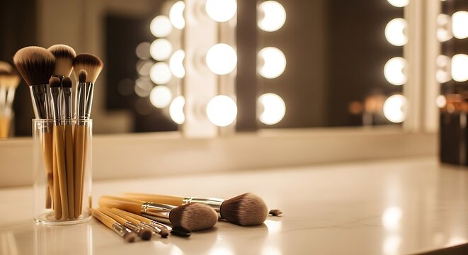 Makeup brushes in a glass jar and on a white vanity table with a mirror surrounded by lights in the background in a beauty studio