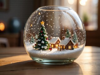 Close-up of snow globe with miniature winter village and Christmas tree inside, glowing warmly indoors. Generative AI.