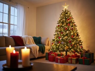 A cozy living room with a decorated Christmas tree, glowing candles, and wrapped presents under soft evening light, creating a peaceful festive atmosphere. Generative AI.