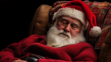 Santa Claus Asleep in an Armchair by the Christmas Tree – Cozy Holiday Scene