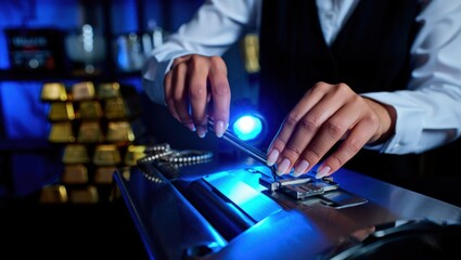Casino dealer stacking shining gold bars under blue neon lights symbolizing wealth and precision. Generative AI.