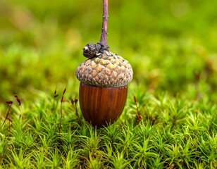 Close-up of a lone acorn with cap, perched in vibrant green moss