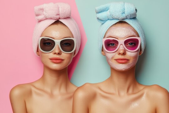 Friends enjoying a beauty treatment at home with face masks and stylish sunglasses