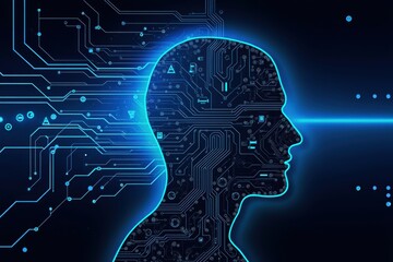 Digital human head silhouette with circuit board patterns and blue neon glow