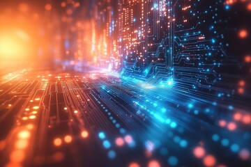 Colorful digital circuitry illuminated by vibrant lights and patterns at night