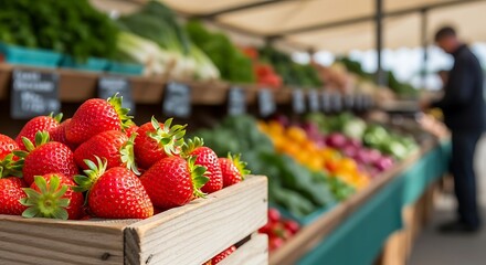 Fresh strawberries in a wooden crate at a vibrant farmers market, showcasing a colorful array of produce and a blurred figure in the background