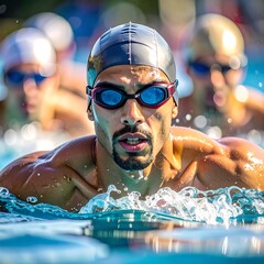 Close-up of a muscular swimmer in a pool, intense focus