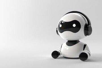 Cute white and black robot with headphones interacting in a modern environment
