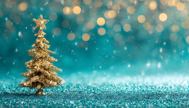 Golden glittering shiny christmas tree on turquoise background banner