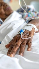 Close-up of a patient's hand with IV drip in a hospital bed