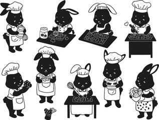 Rabbit silhouettes, baking cookies, whimsical illustration, cartoon sketch, playful design, animal chefs, culinary art, creative concept, vector drawing, fantasy theme