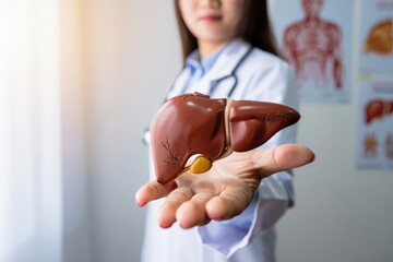 Healthcare worker presenting detailed human liver model for anatomical study and education. Generative AI.