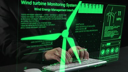 Explore a futuristic wind turbine monitoring system featuring a green energy management interface, showcasing real-time data visualization for sustainable energy solutions. Cipher - Powered by Adobe